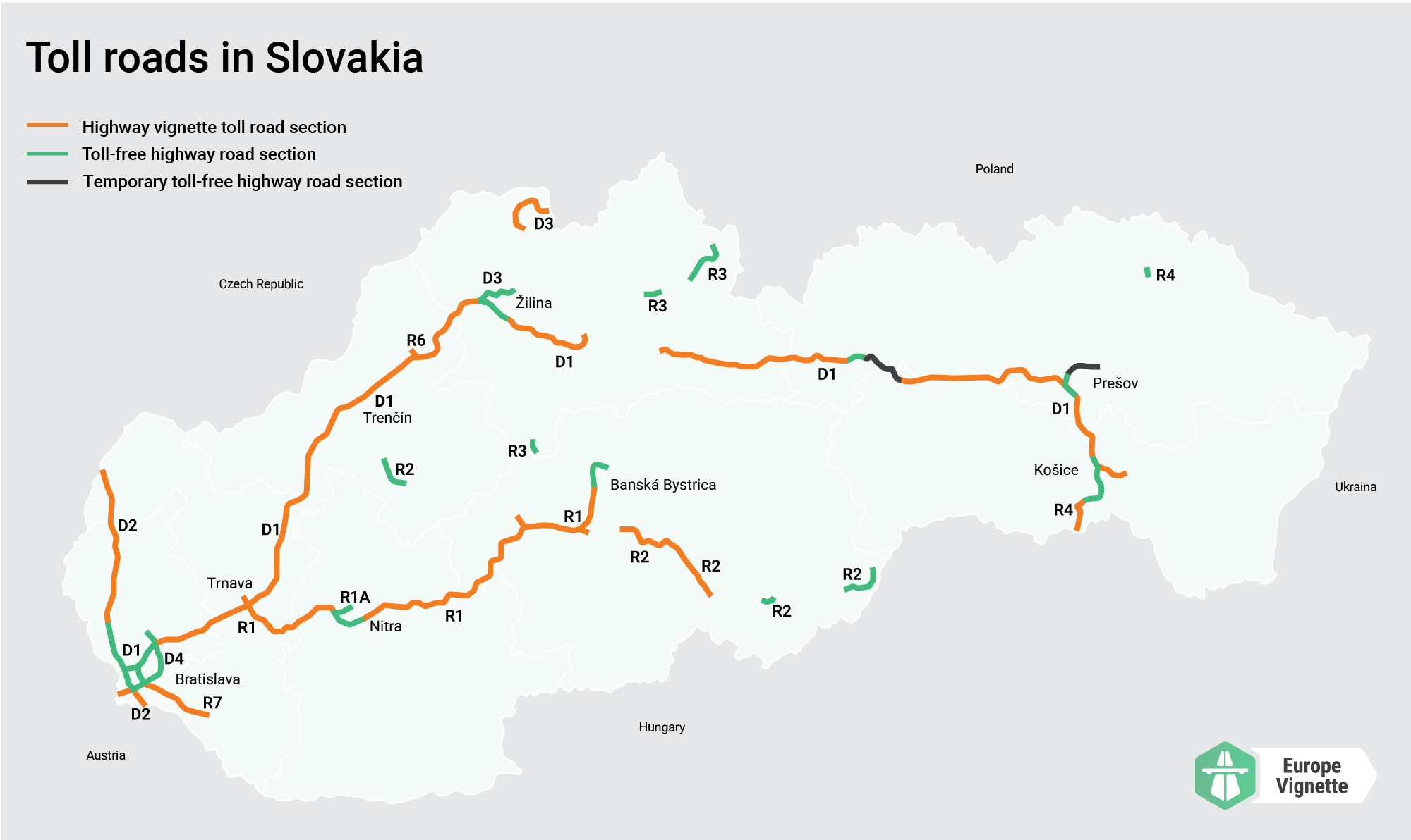 europe-vignette-toll-roads-map-slovakia Карта платних доріг Словаччини, плануйте виїзд заздалегідь, щоб уникнути проблем на маршруті!